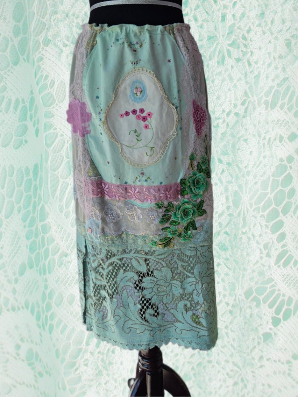 Handmade Sage Mint Green Embroidered Lace Rose  Maxi Skirt Cottagecore